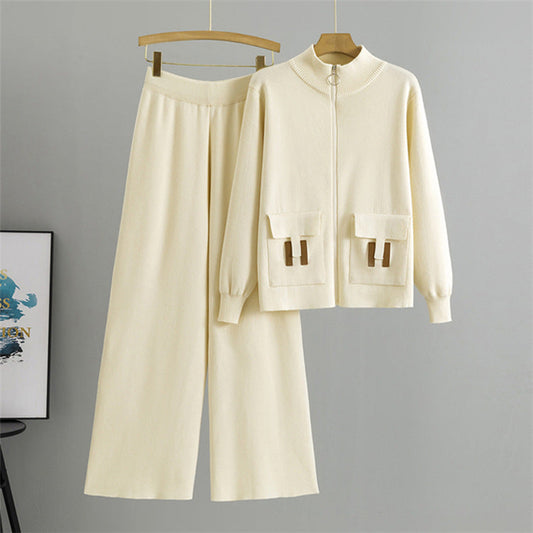 Apricot – Knitted Cardigan Wide-Leg Pants Set