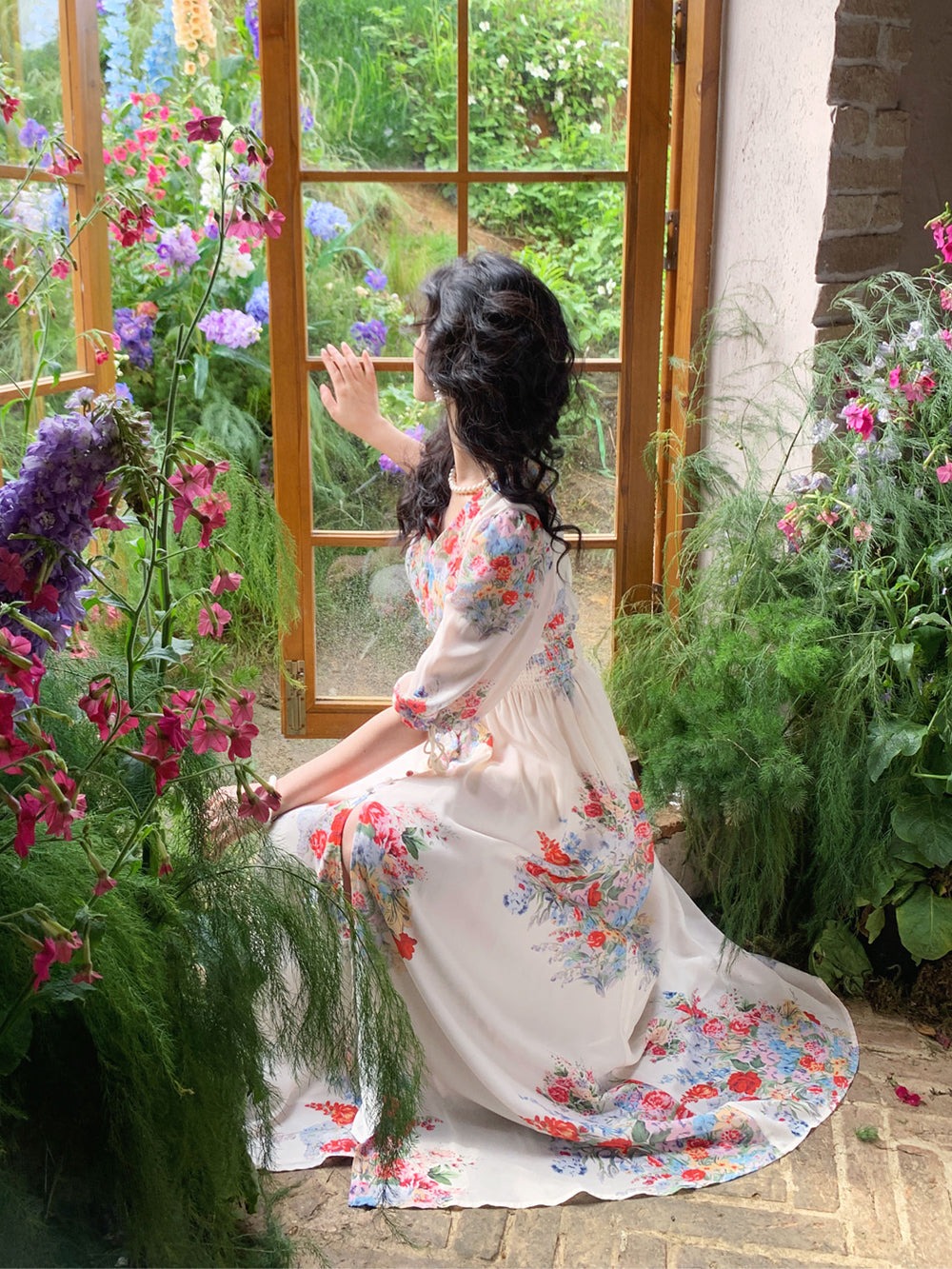 Summer Meadow Vintage Puff Sleeve Dress French Floral Maxi Gown