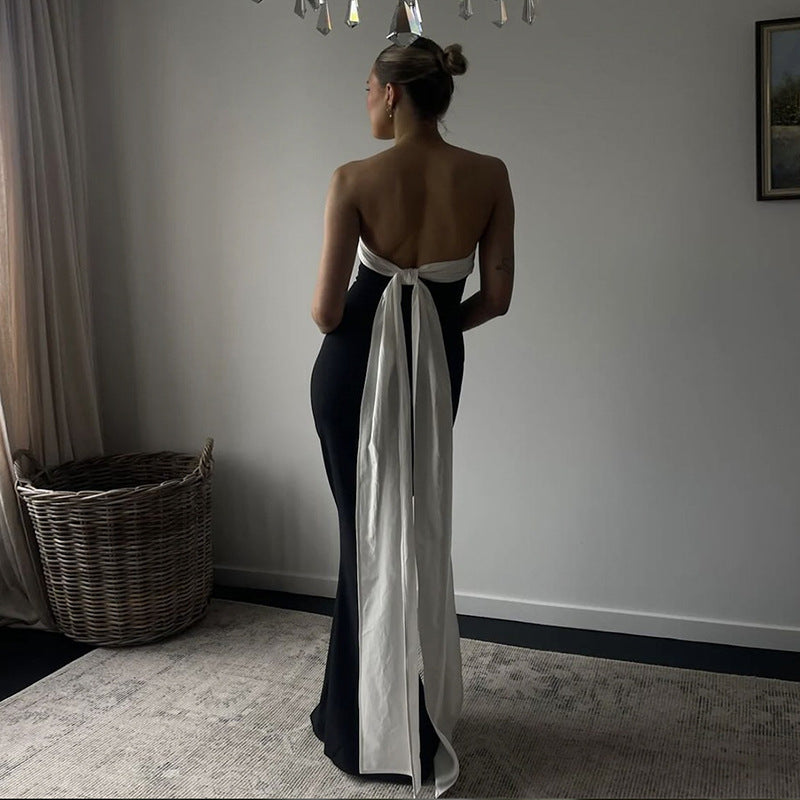 Contrast Twist Front Strapless Bow Back Draped Train Maxi Dress
