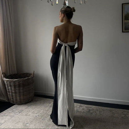 Contrast Twist Front Strapless Bow Back Draped Train Maxi Dress