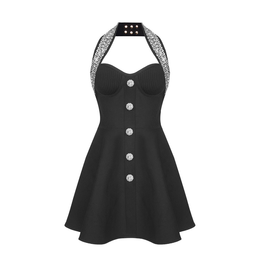 Crystal Embellished Halter Sweetheart Neck Button Front Fit and Flare Mini Dress