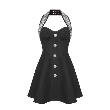 Crystal Embellished Halter Sweetheart Neck Button Front Fit and Flare Mini Dress