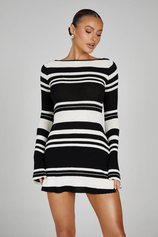 Bell Sleeve Color Block Stripe Knit Sweater Dress