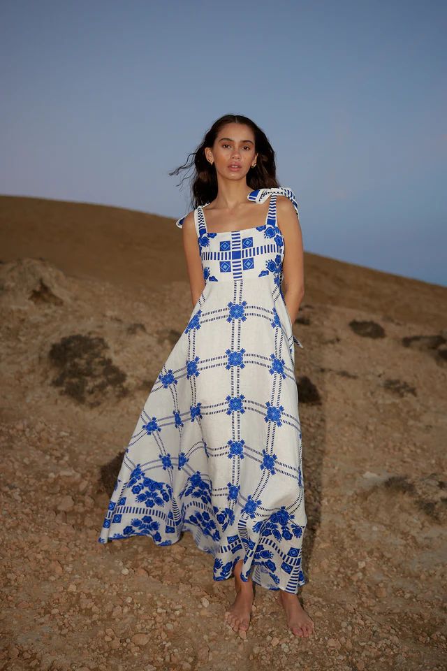 Geometric Print Square Neck Tie-Shoulder Flared Maxi Dress