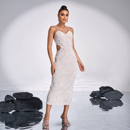 V-Neck Cutout Sequin Beaded Gown Glamorous Evening Dress