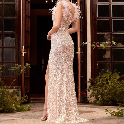 Feather Red High Waist Prom Dress