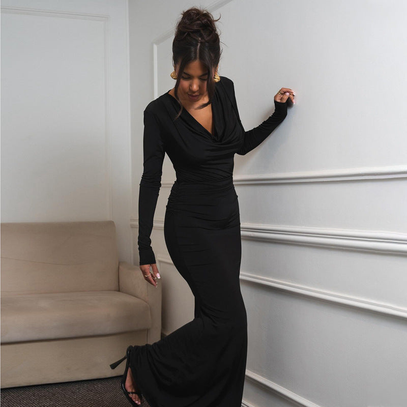 Cowl Neck Long Sleeve Ruched Waist Column Maxi Gown