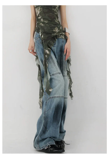Vintage Distressed And Dirt-Dyed Patchwork Wide-Leg Jeans