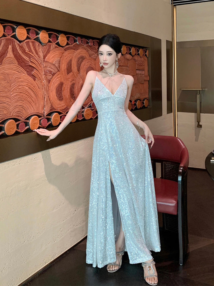 Sequin Silver Maxi Dress Stunning Birthday & Evening Gown