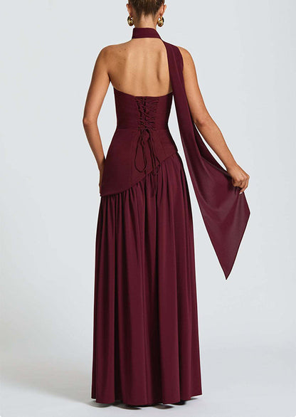 consonak Strapless Back Lace-up High Slit Splice Maxi Dress