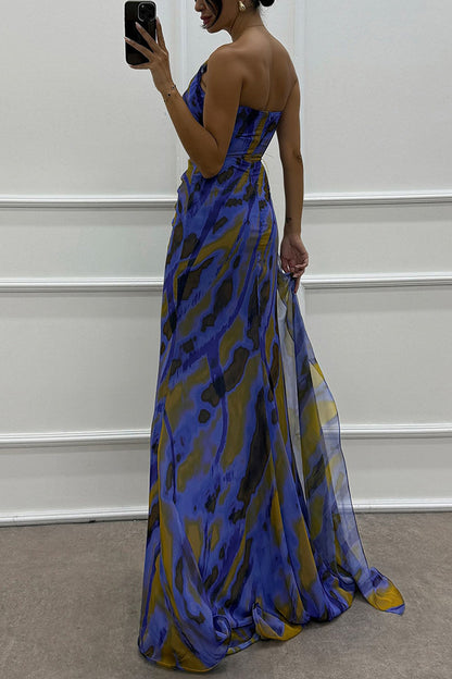Fairy Watercolor Design Printed Feather Rose Details Off Shoulder Sexy Folded Open Skirt