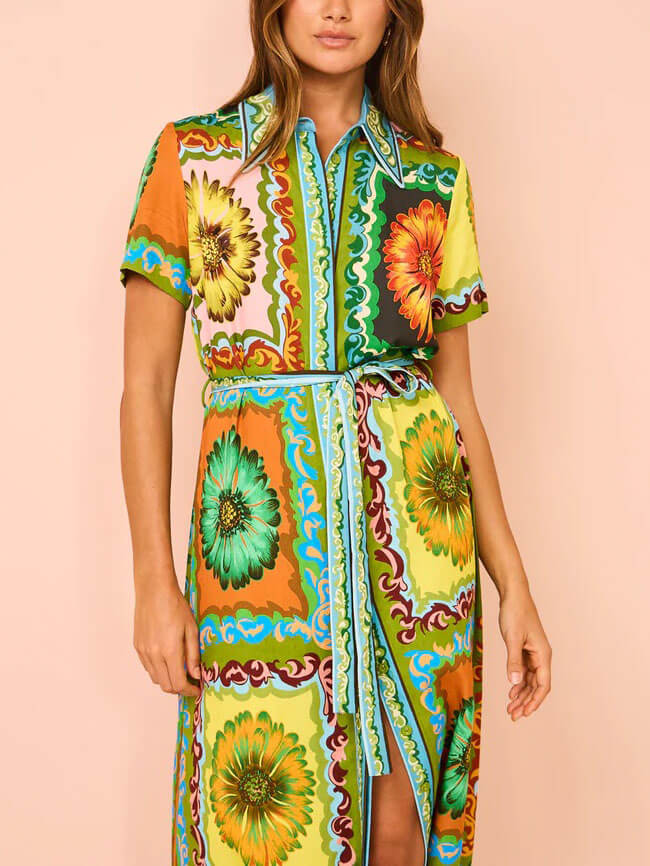 Sunflower Print Collared Button Front Tie Belt Midi Shirt Dress