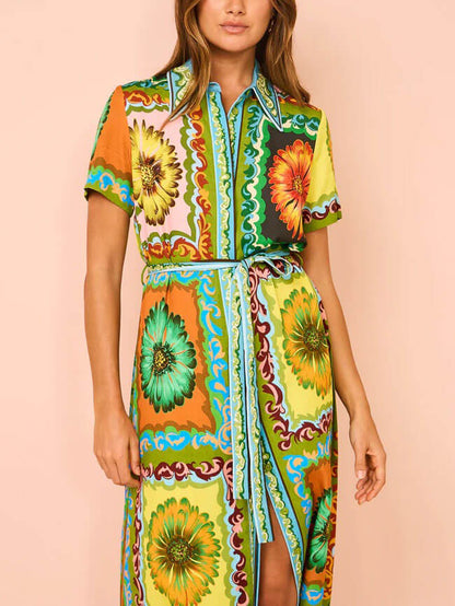 Sunflower Print Collared Button Front Tie Belt Midi Shirt Dress