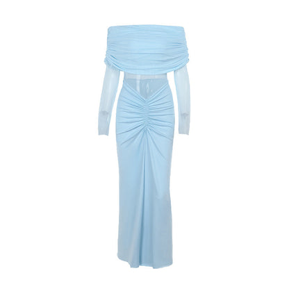 Off Shoulder Mesh Pleated SocialiteElegant Micro Transparent Slim Fit Maxi Dress