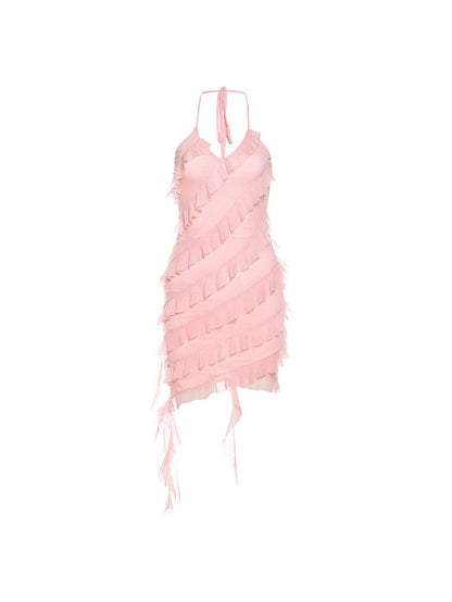 Irregular Asymmetric Design Lace up Halterneck Dress