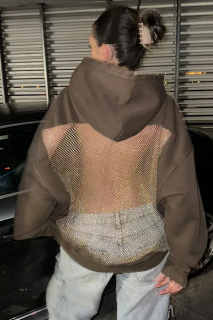 Fashionable Shiny Mesh Hollow Back Loose Long-sleeved Hooded Sweatshirt