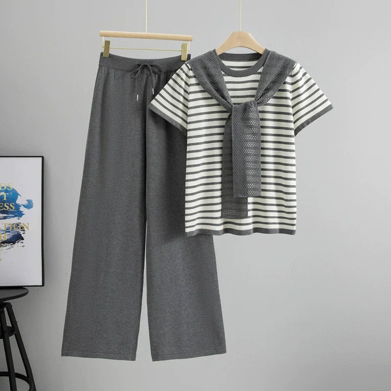 Gray – Drawstring Short-Sleeve Striped Two-Piece Set