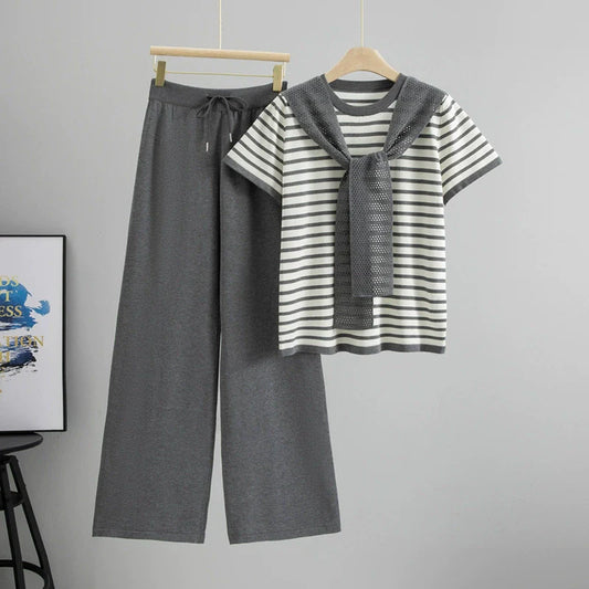 Gray – Drawstring Short-Sleeve Striped Two-Piece Set
