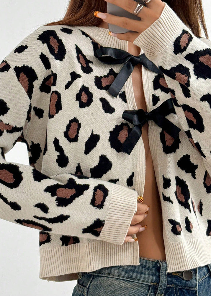 Wild Charm - Bow Tie Leopard Knit Cardigan