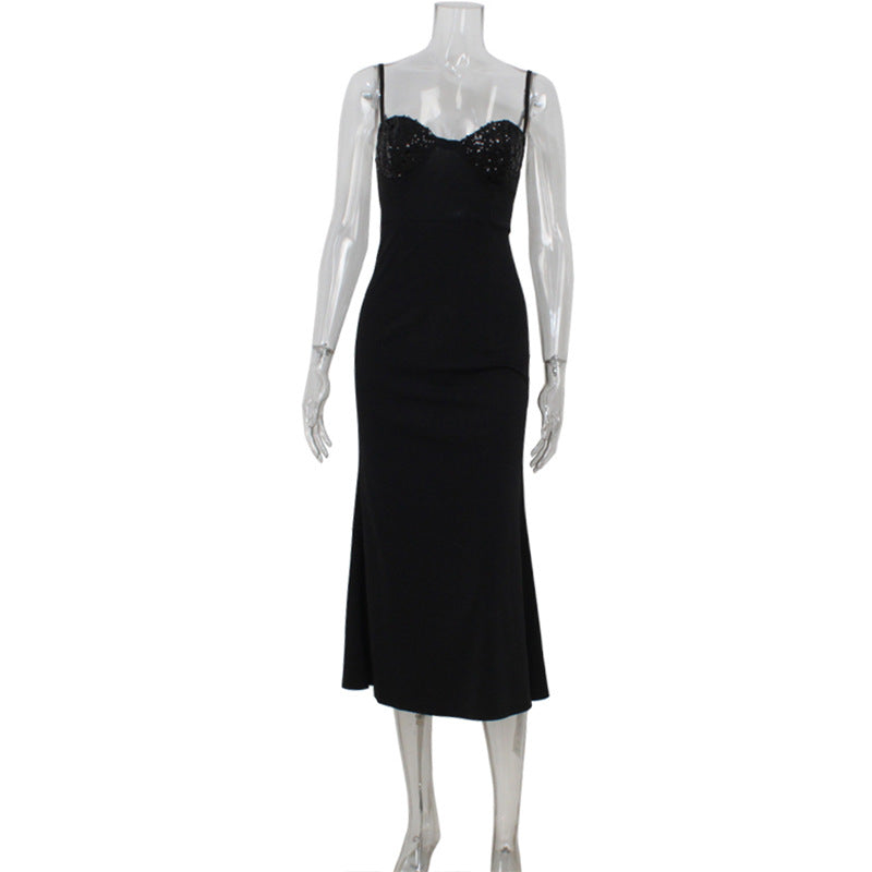Sweetheart Neck Spaghetti Strap Sequin Embellished Waist Fitted Midi Dress
