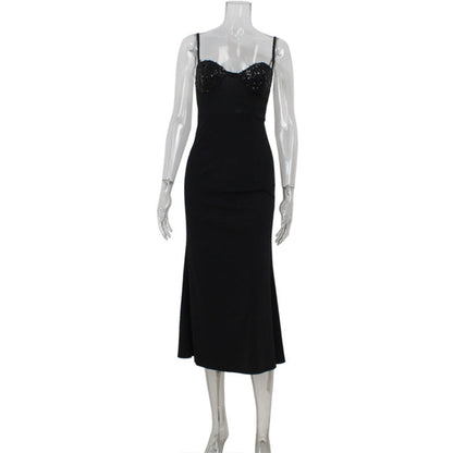 Sweetheart Neck Spaghetti Strap Sequin Embellished Waist Fitted Midi Dress