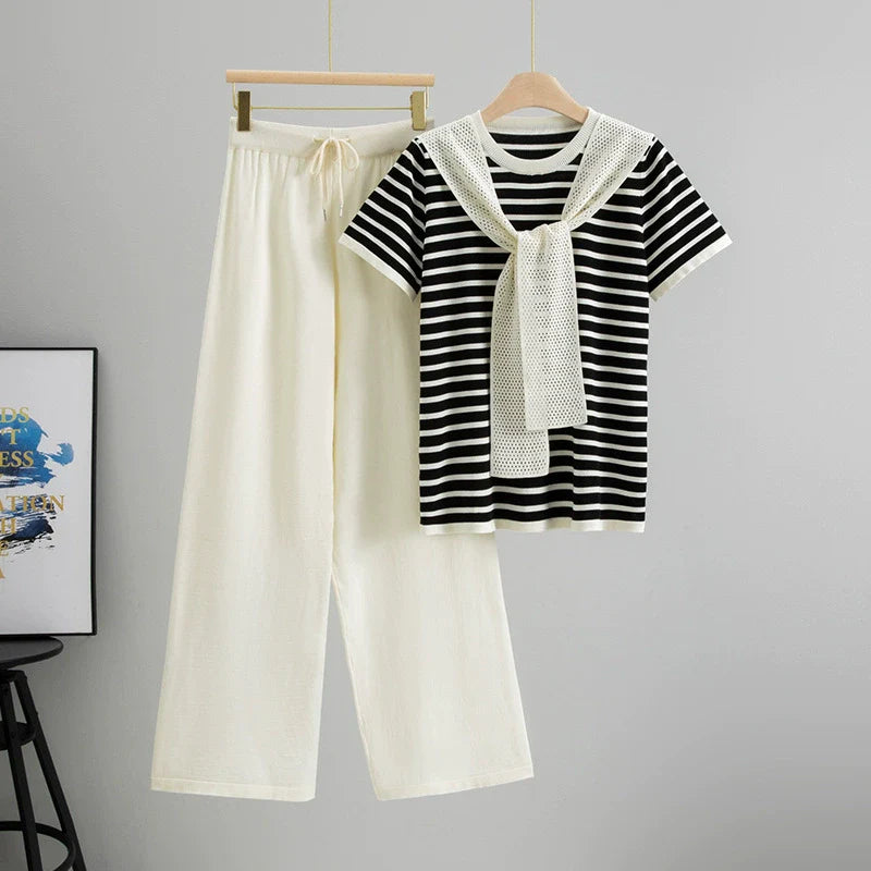 Apricot – Drawstring Short-Sleeve Striped Two-Piece Set