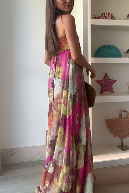 Shelia Ethnic Floral Print Off Shoulder A-line Maxi Dress