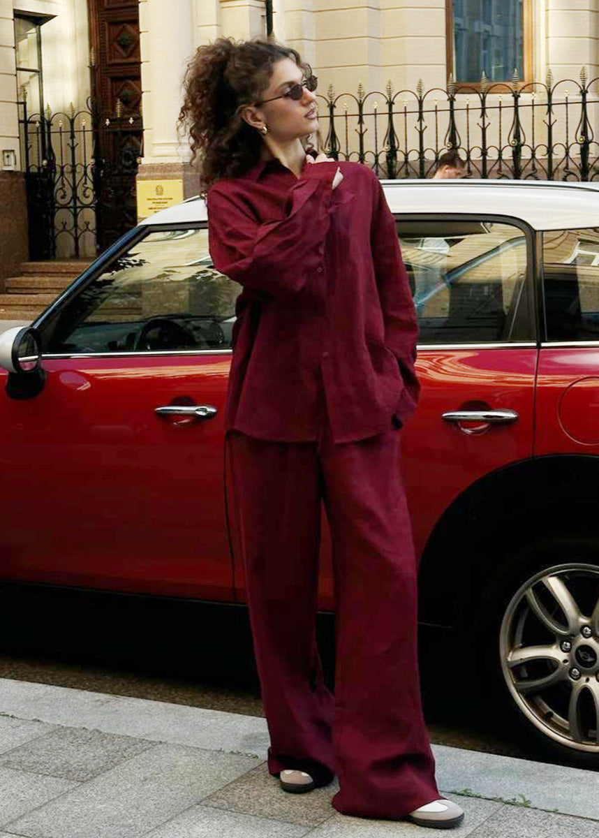 Merlot – Relaxed Cotton Shirt & Wide-Leg Pants Set