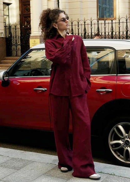 Merlot – Relaxed Cotton Shirt & Wide-Leg Pants Set
