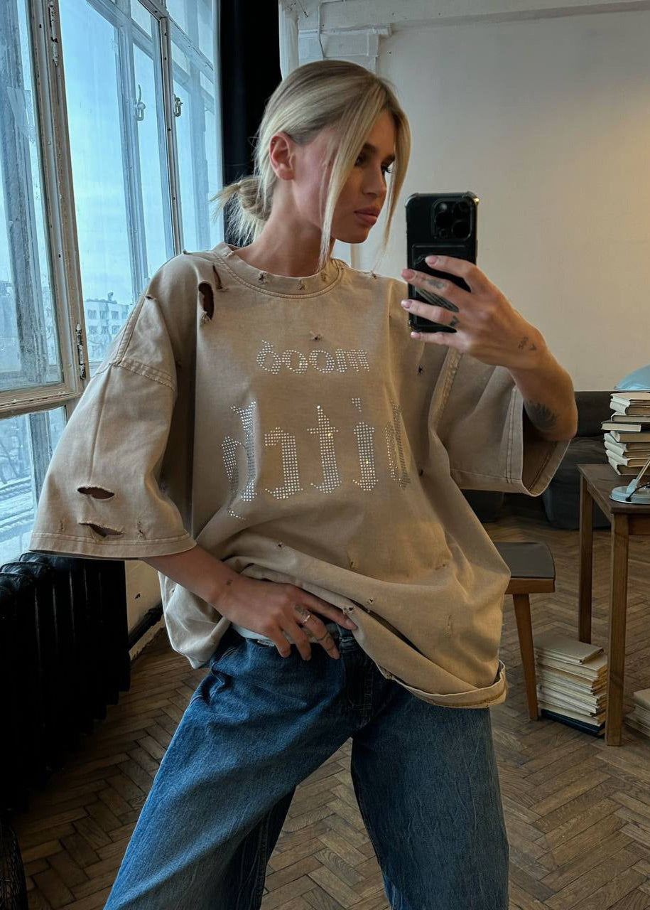 Distressed Rhinestone Graphic Oversized Tee