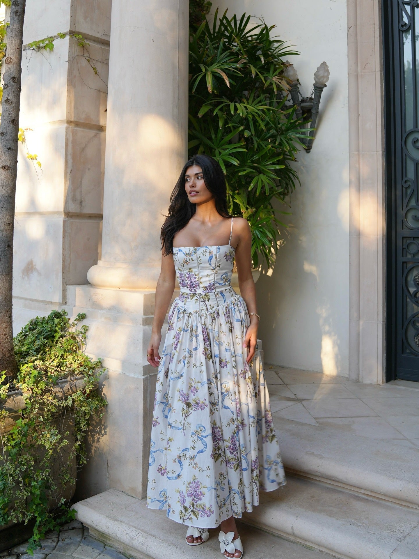 Lilac Gardenia – Strapless Floral Corset Maxi Dress