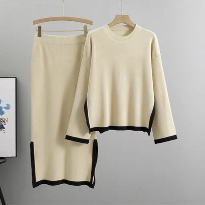 Apricot - Contrast Round-Neck Elegant Two Piece Set