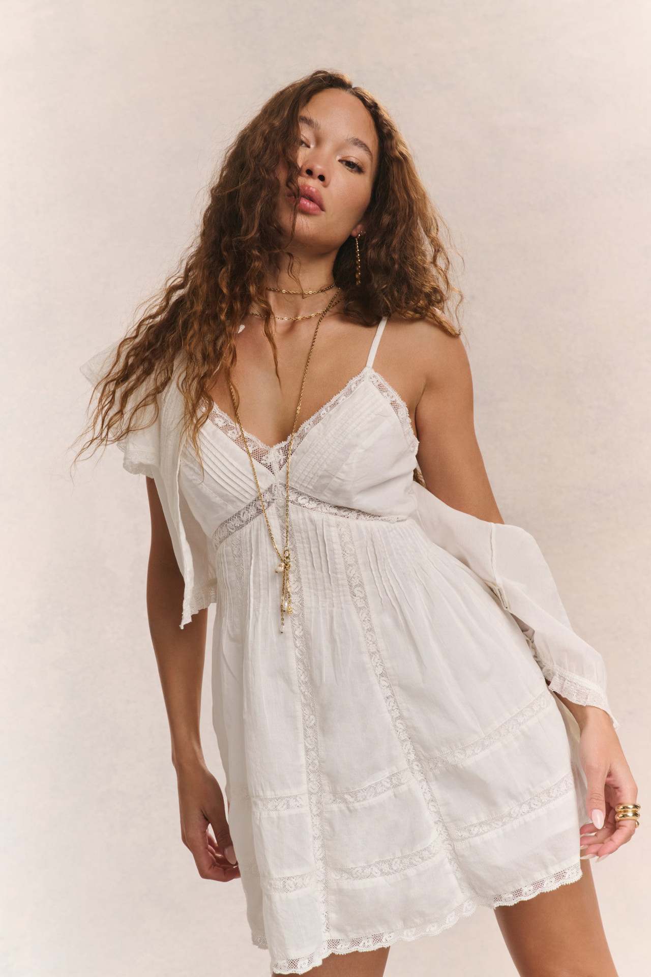 Lace Insert Pintuck Deep V Spaghetti Strap Tiered Ruffle Mini Dress
