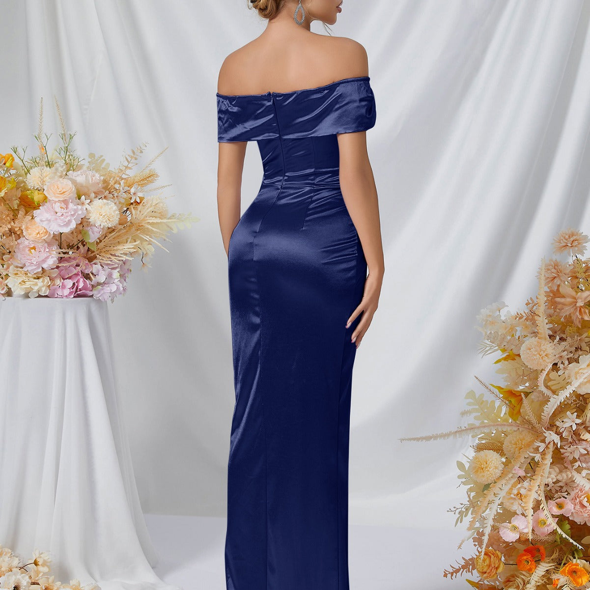 Off-Shoulder Sweetheart Satin Ruched Hip High Slit Maxi Gown