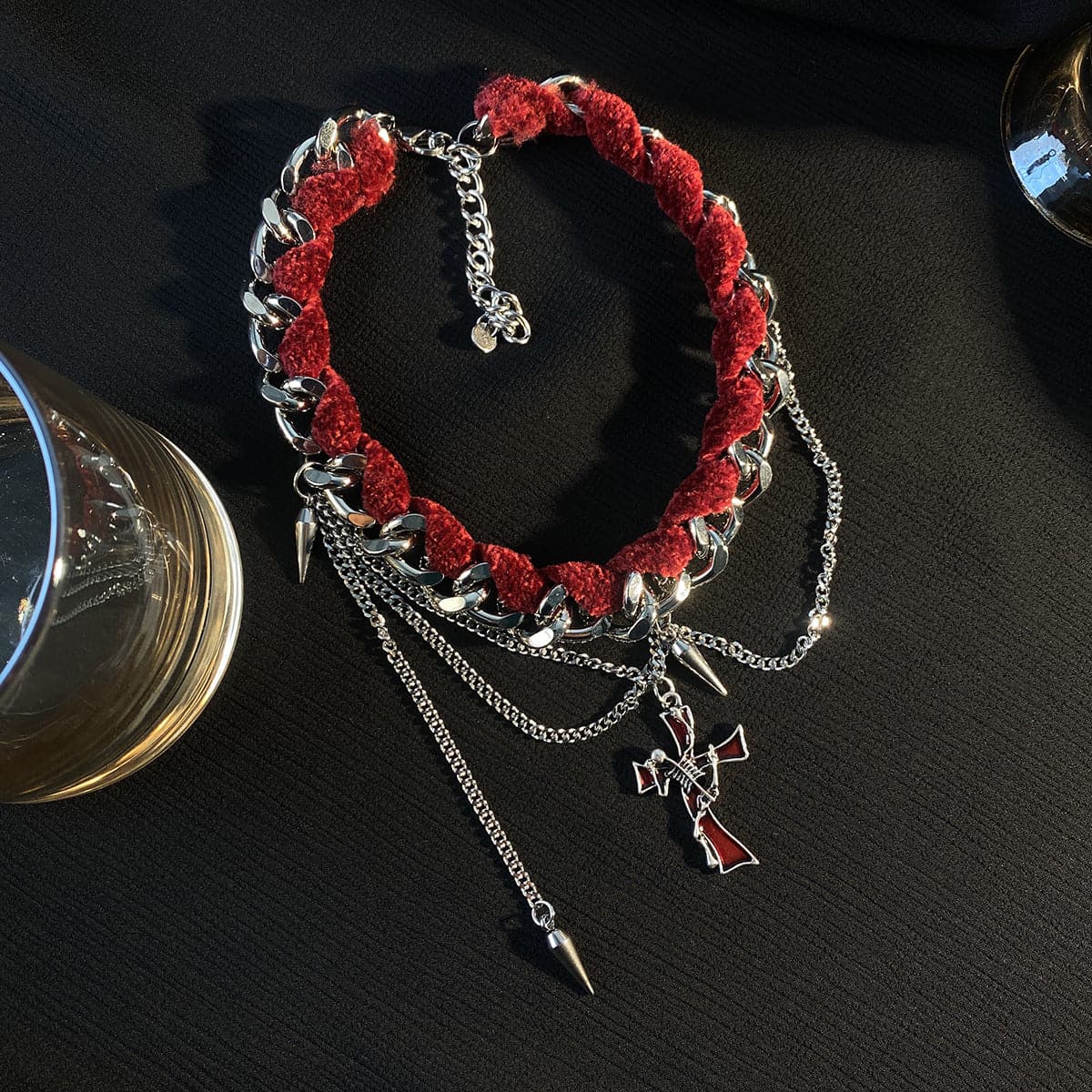 Layered cross pendant choker necklace