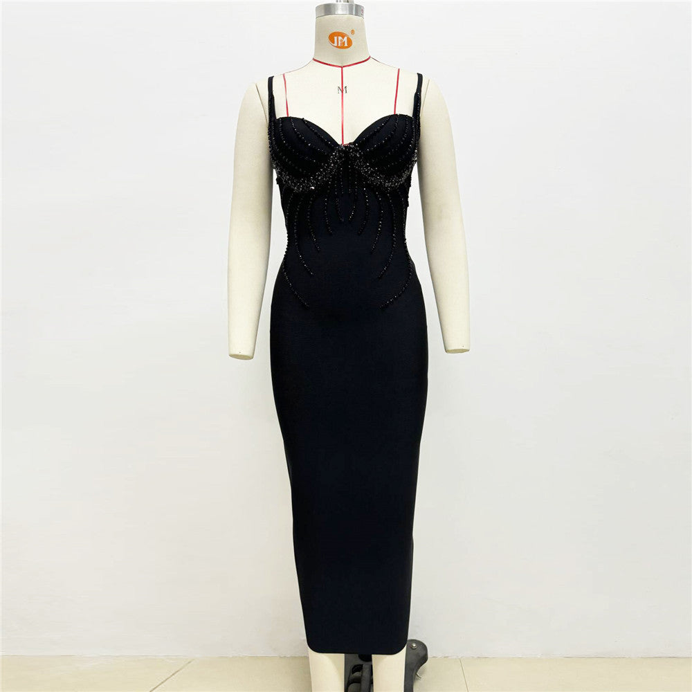 Sweetheart Spaghetti Strap Rhinestone Beaded Bodice Bandage Midi Dress