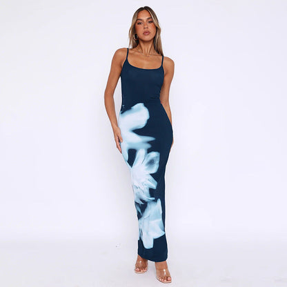 Spaghetti Strap Floral Print Slim Fit Sheath Elegant Dress