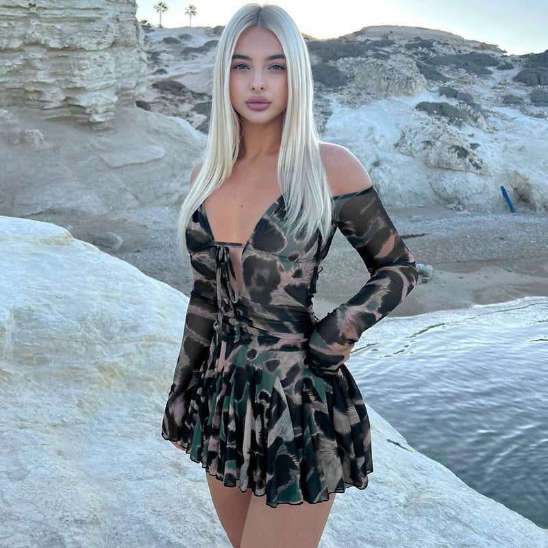 Abstract Print Mesh Off-Shoulder Tie Front Cutout Pleated Mini Dress