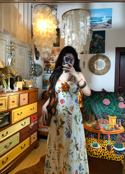Bali Rainforest Tropical Print Dress Waist-Cinching Summer Vacation Maxi gunne sax vintage dress