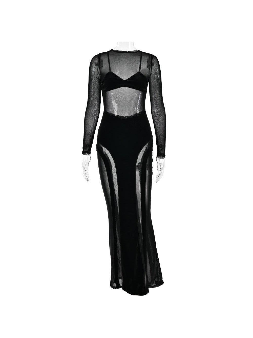 Long Sleeve Mesh Bralette See Through Sheath Dress