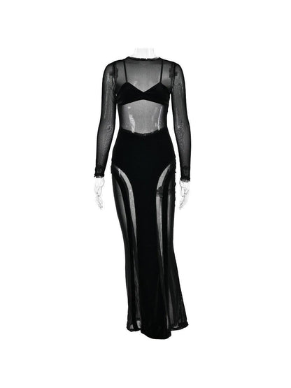 Long Sleeve Mesh Bralette See Through Sheath Dress