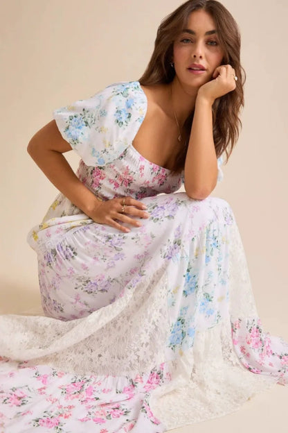 Elegant Floral Print Short Sleeve A-Line Midi Dress