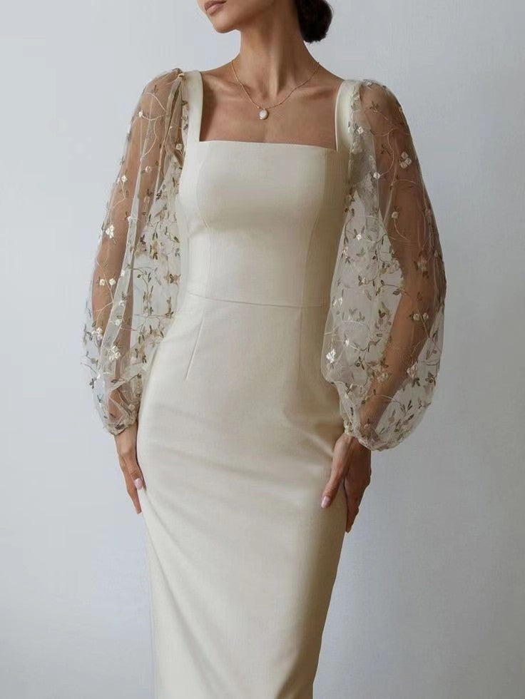 Square Neck Fishnet Embroidery Stitching Hip Dress