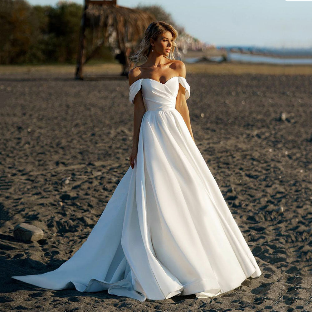 Off-Shoulder Satin Sheer Wedding Dress