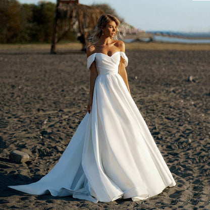 Off-Shoulder Satin Sheer Wedding Dress