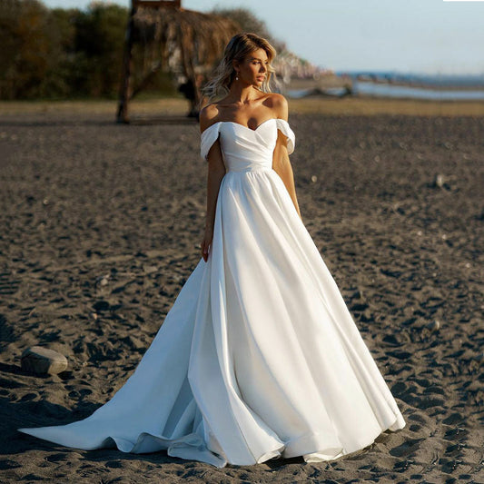 Off-Shoulder Satin Sheer Wedding Dress