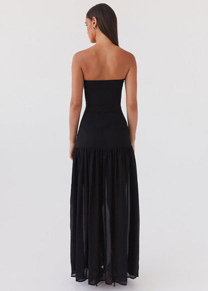 Noir Tide – Strapless Black Maxi Dress with Sheer Skirt and Side Slit