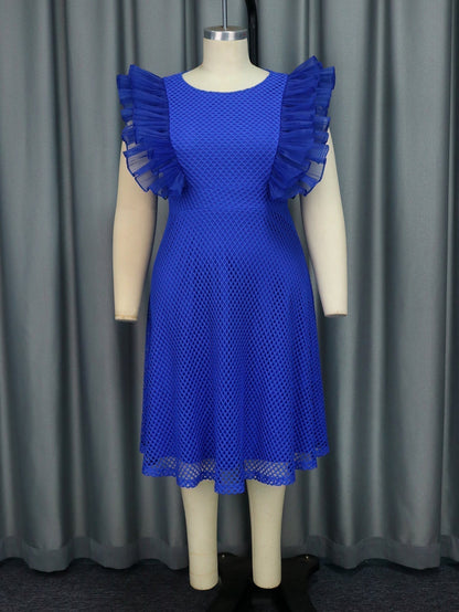 Round Neck Mesh Overlay Oversized Ruffle Sleeve A-Line Midi Dress