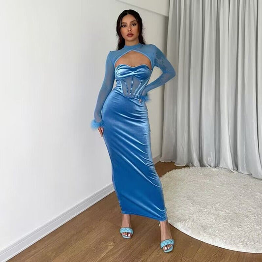 Fall Plush Mesh Stitching Night Club Hollow Out Cutout Dress Slim Fit Dress