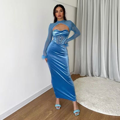 Fall Plush Mesh Stitching Night Club Hollow Out Cutout Dress Slim Fit Dress